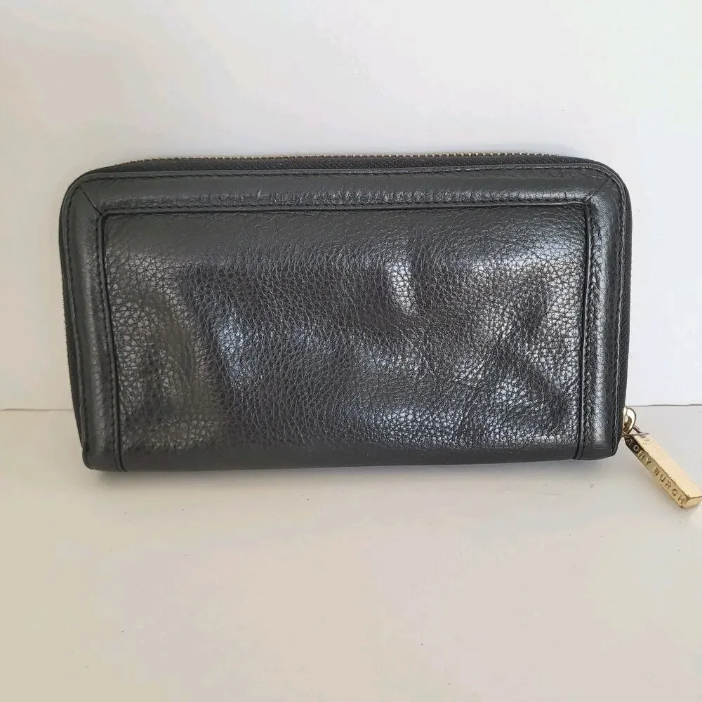 Tory Burch Solid Black Pebble Leather Zip Around Large Wallet Long Clutch Logo